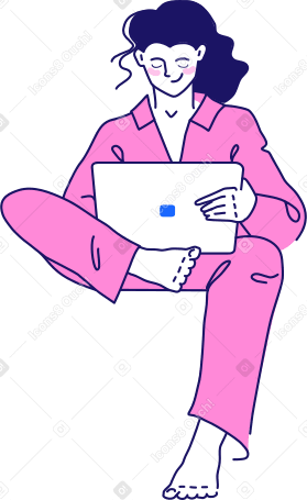 girl in pajamas is sitting with a laptop on her lap PNG, SVG