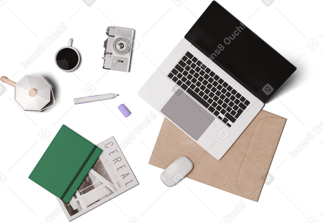 3D top view of laptop on letter, books, camera and coffee PNG, SVG