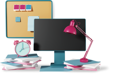 noteboard with computer screen, lamp and alarm clock PNG, SVG