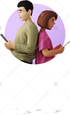 3D Mann und frau stehen rücken an rücken mit telefonen PNG, SVG