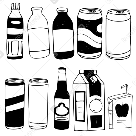 Bottles, cans and boxes of different drinks PNG, SVG