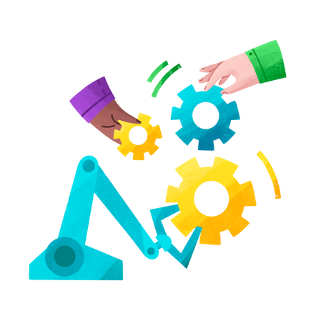 Robot helps business people with business processes by moving gears Illustration in PNG, SVG