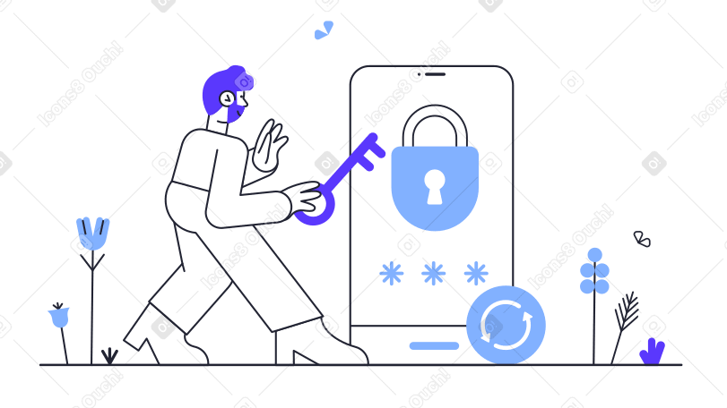 Illustration Guy avec clé sur le point de déverrouiller le téléphone aux formats PNG, SVG