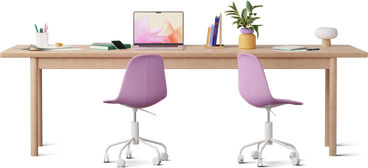 Front view of office desk with chairs, laptop and papers PNG, SVG