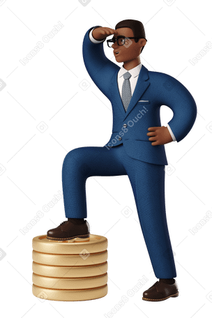 3D Businessman stepping on a stack of coins looking into distance PNG, SVG