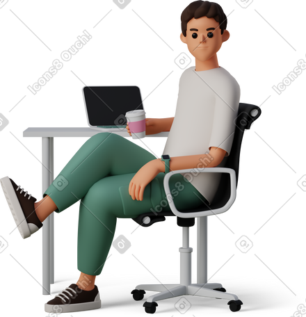 3D young man at workplace with coffee PNG, SVG