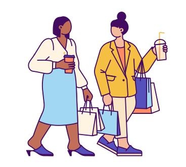 Frauen gehen mit getränken zum mitnehmen und einkaufstüten spazieren PNG, SVG
