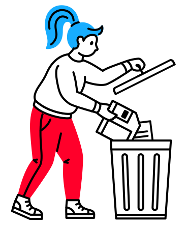 Woman throws floppy disk into a trash can PNG, SVG