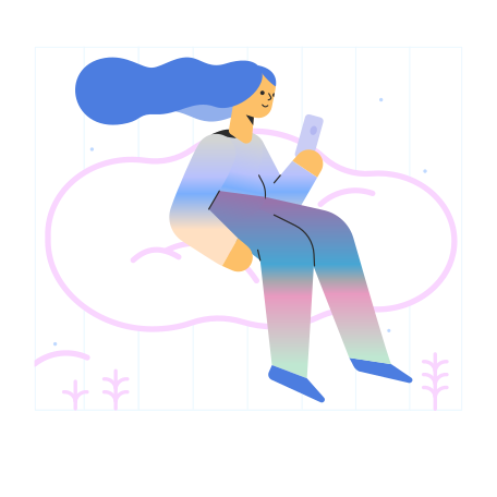 Frau sitzt auf einer wolke und scrollt auf ihrem telefon PNG, SVG