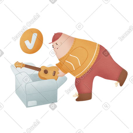 Man received a ukulele delivery and opens the box PNG, SVG