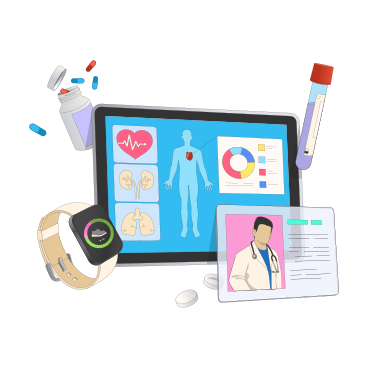 Illustrazione animata Tecnologie sanitarie e soluzioni sanitarie digitali in GIF, Lottie (JSON), AE