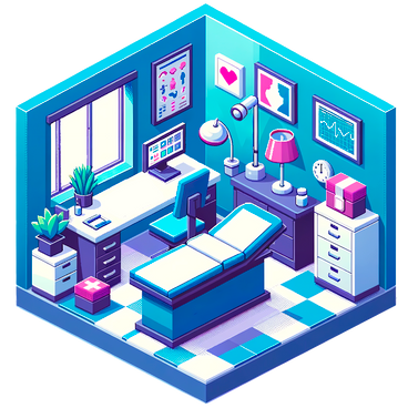 isometric pixel doctor's office with exam table PNG, SVG