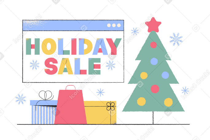 Venta de vacaciones de letras con árbol de navidad y regalos PNG, SVG