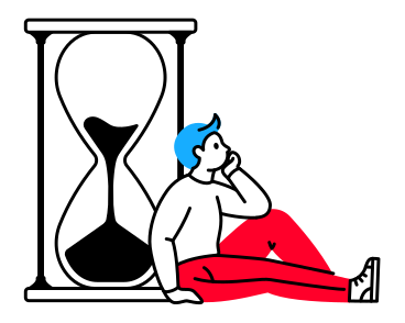 Man sitting and waiting next to hourglass PNG, SVG