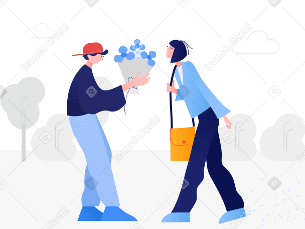 Young man giving a flower bouquet to girlfriend PNG, SVG