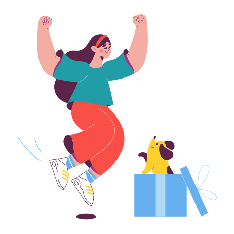 Girl is happy with a dog in a gift box Illustration in PNG, SVG