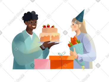 Young man with a cake congratulates a young woman on her birthday PNG, SVG