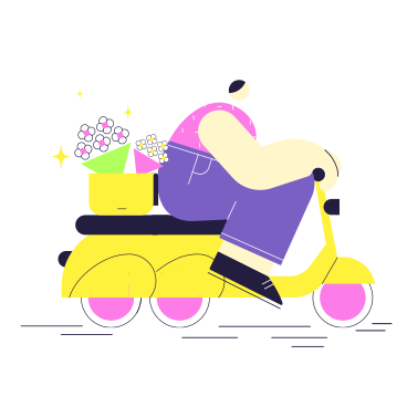 Доставщик на скутере привозит букеты цветов в PNG, SVG