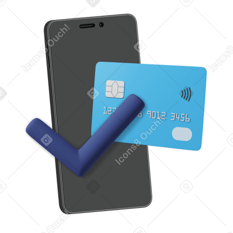 3D Successful mobile payment with bank card and check mark Illustration in PNG, SVG
