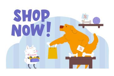 Shop now text and dog buying bones in the store PNG, SVG