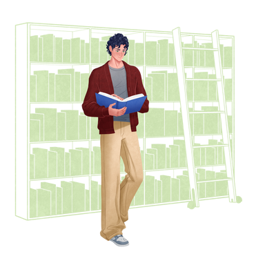 Man reading a book in a library PNG, SVG