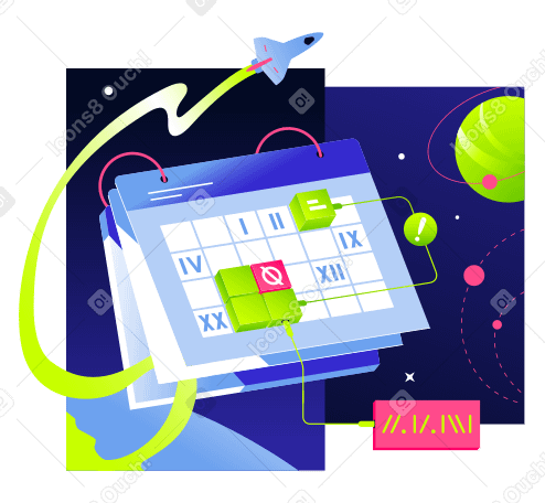 Rocket flying around a calendar with dates and colored cubes in space with planets and orbits Illustration in PNG, SVG