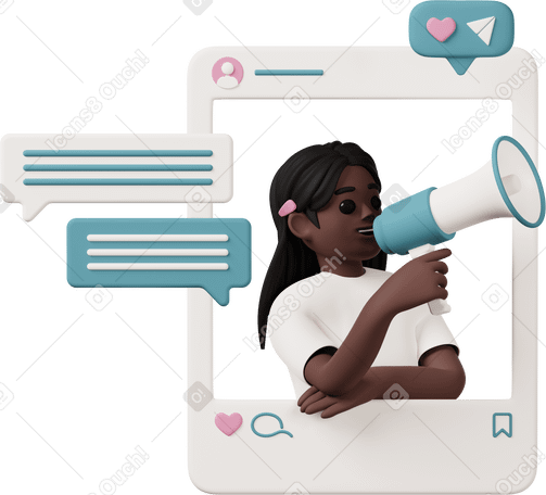 3D 소셜 미디어에 게시물을 홍보하는 젊은 여성 PNG, SVG
