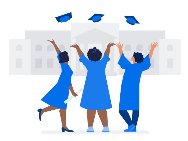College graduates in robes toss up graduate caps against the background of the university building Illustration in PNG, SVG