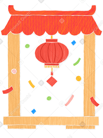 用红色圣诞灯笼和飞舞的五彩纸屑装饰的木制中国凉亭 PNG, SVG