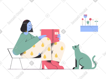 女人和她的猫在家读书 PNG, SVG