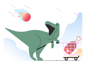 Динозавр с тележкой для покупок видит астероид в PNG, SVG