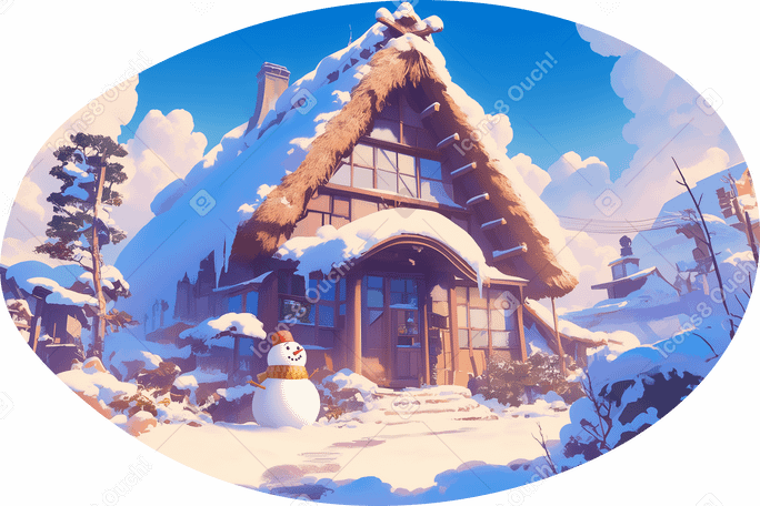 Зимний дом на фоне снеговика в PNG, SVG