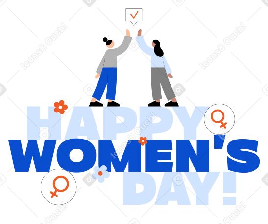 Текст с поздравлением с женским днем, женские символы и молодые женщины, дающие пять в PNG, SVG