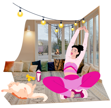 Giovane donna che fa yoga a casa PNG, SVG
