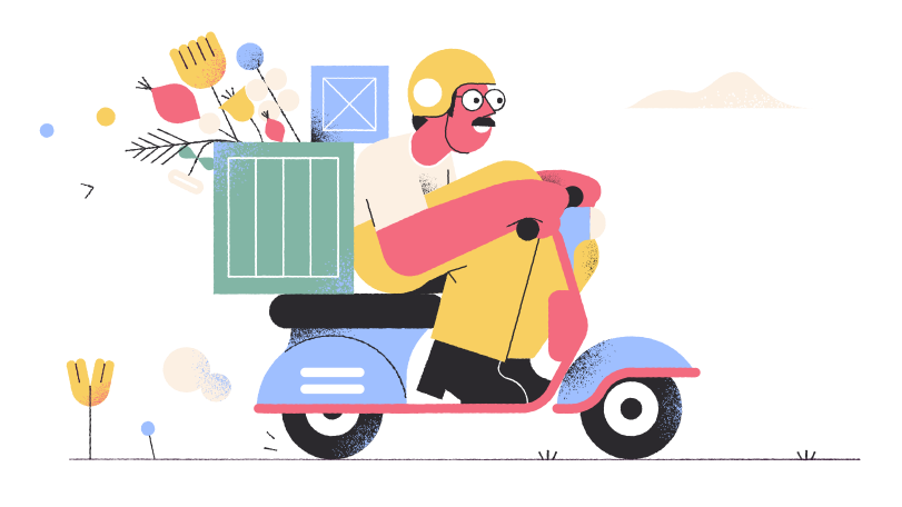 A man riding a scooter with a parcel on the back PNG, SVG
