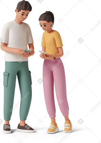 3D young couple looking at phones Illustration in PNG, SVG