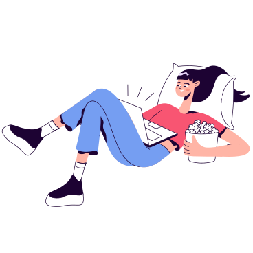 Frau entspannt sich auf kissen mit popcorn und laptop animierte Grafik in GIF, Lottie (JSON), AE