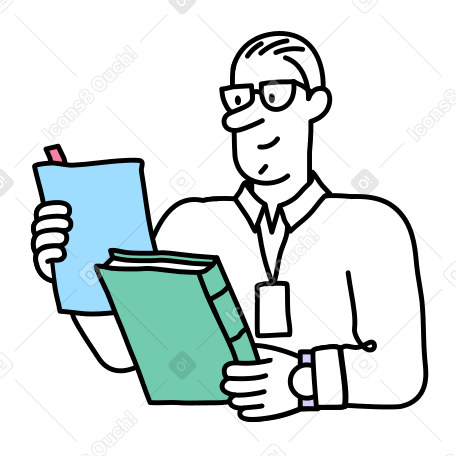 Hombre sosteniendo una carpeta y lee un documento PNG, SVG