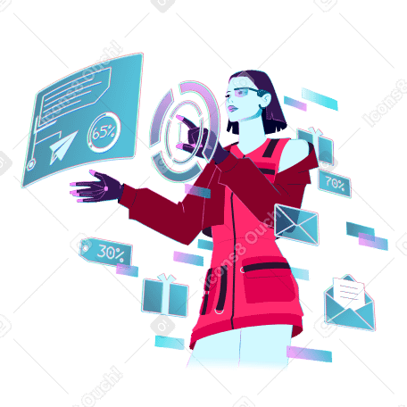 Женщина взаимодействует с информационным бюллетенем почтового маркетинга в PNG, SVG