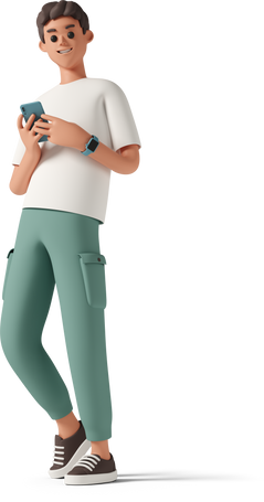 3D young man smiling and holding smartphone PNG, SVG