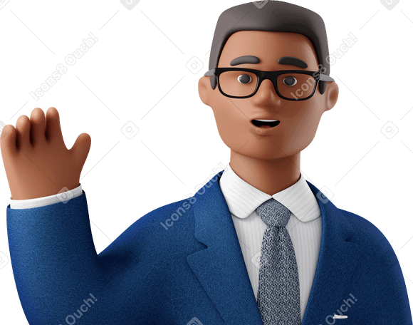 3D close up of black businessman in blue suit waving goodbye Illustration in PNG, SVG