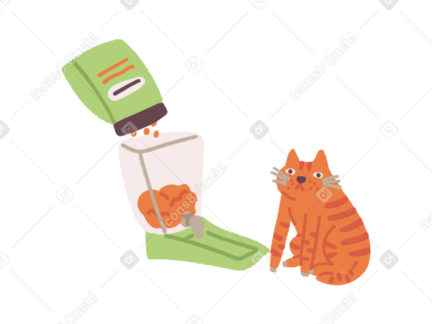 Orange cat sitting next to an automatic feeder PNG, SVG