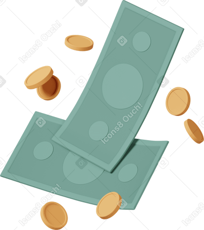 3D flying coins and banknotes Illustration in PNG, SVG