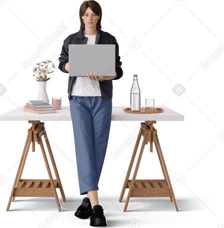 3D young woman holding laptop PNG, SVG