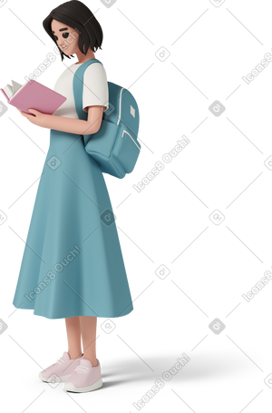 3D woman with backpack reading book PNG, SVG