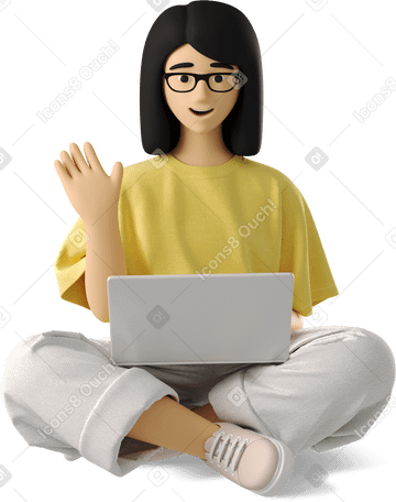 3D young woman sitting with a laptop and waving her hand Illustration in PNG, SVG