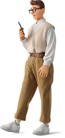 3D man in formalwear walking with phone Illustration in PNG, SVG
