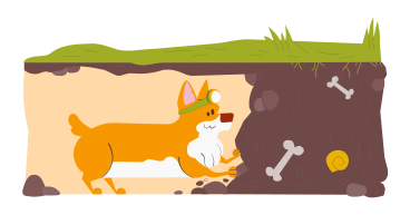 Perro excavando en busca de huesos bajo tierra PNG, SVG