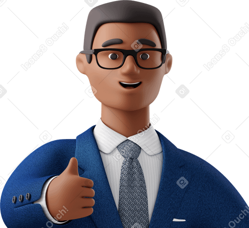 3D close up of black businessman in blue suit giving thumbs up Illustration in PNG, SVG