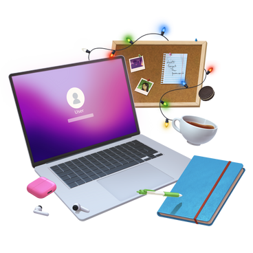 Heimbüro mit laptop und pinnwand PNG, SVG